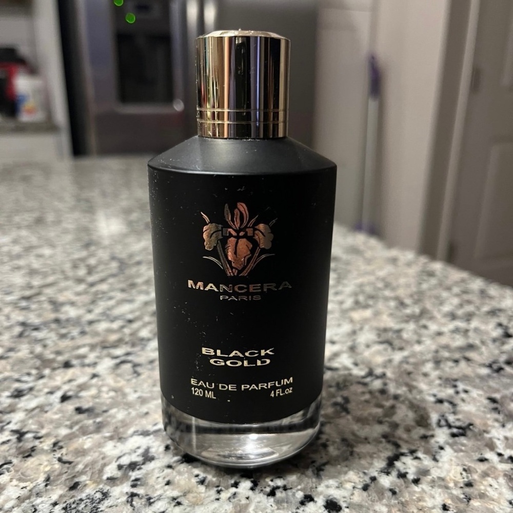 Mancera Black Gold Luxury Fragrance Bottle with Metallic Accents